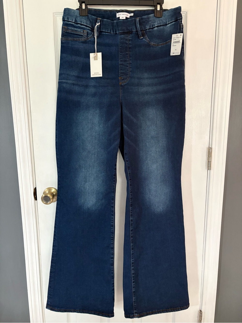 Good American NWT Power Stretch Pull-On Dark Wash Flare Jeans - Size 2XL